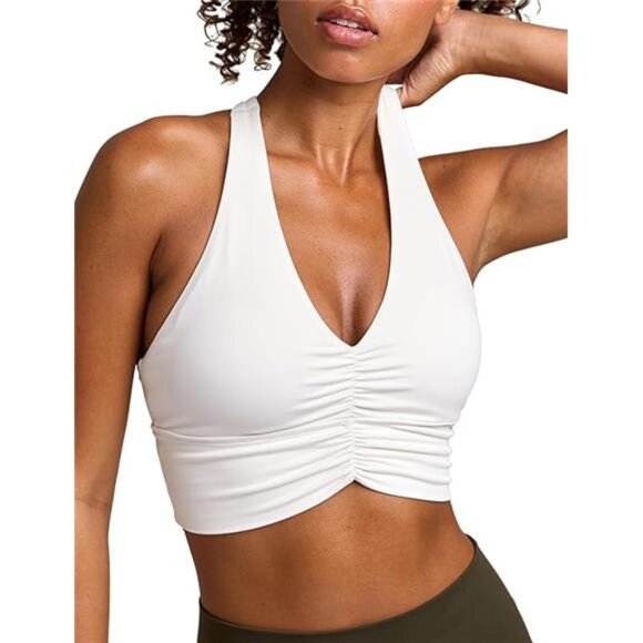 Women's Serene Scrunch Longline Sports Bra V Neck Padded Yoga Tank Wide Straps - Picture 5 of 5